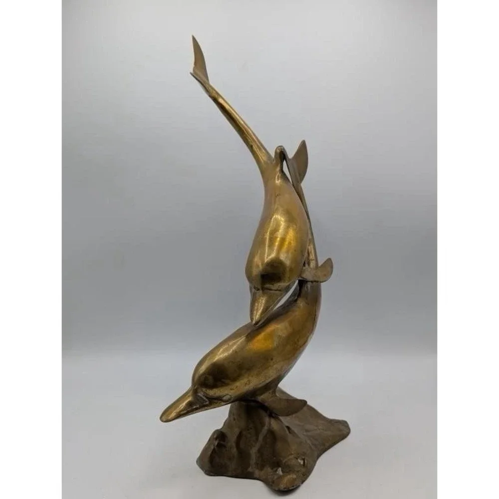 VTG 50s Large Brass Double Swimming Dolphins Sculpture MCM 15